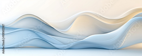 An abstract background featuring elegant flowing waves in light blue and white shades,smooth, curved lines. The color gradient transitions from a deeper blue , soft,silk,satin, wave,curv, modern, mini