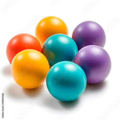  Colorful plastic balls isolated on white background, vibrant design, ideal for kids' play, therapy, sensory activities, and creative games