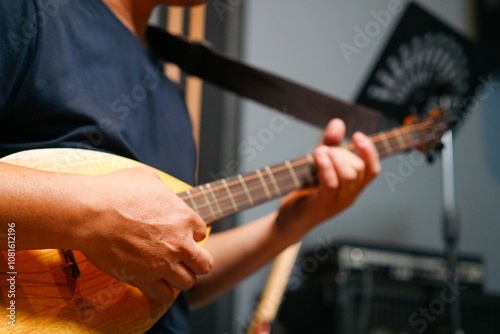 Tableau sur toile Close up of Man hand playing Thai Mandolin, Phin and practicing in home studio