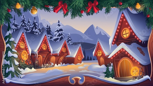 Snowy Holiday Village Scene with Cozy Cabins