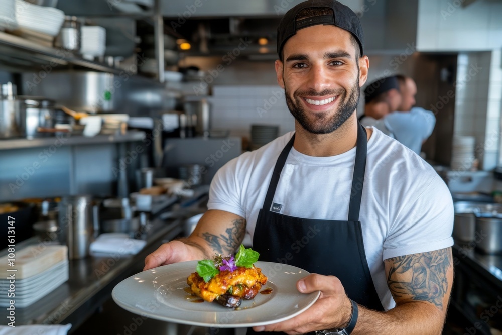 Chef presenting a plated dish to the server in a sophisticated restaurant kitchen Chef presenting a plated dish to the server in a sophisticated restaurant kitchen