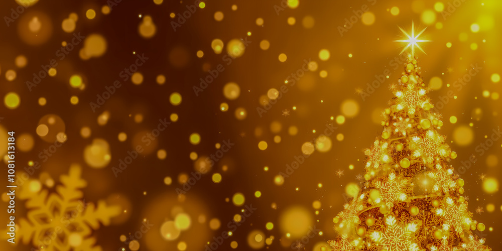 A festive Christmas scene with a gold background featuring a glowing Christmas tree