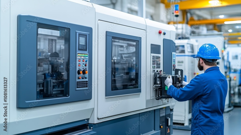 Industrial Worker Operating a Large Machine in a Factory Setting Industrial Worker Operating a Large Machine in a Factory Setting