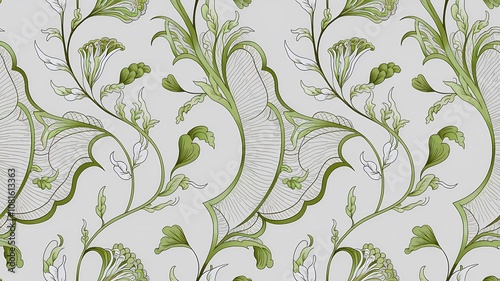 Seamless Pattern of Elegant Floral Vines in Green and White