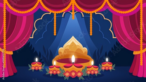 Elegant Indian Festive Backdrop with Diya Lamps and Floral Decorations