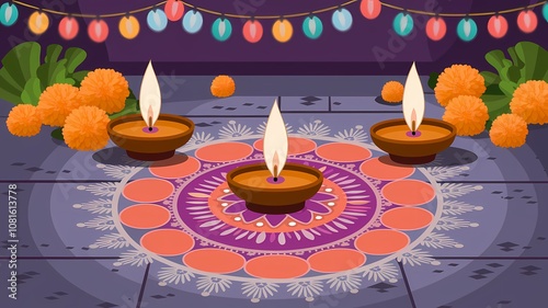 Festive Diwali Evening Scene with Illuminated Diyas and Marigold Garland