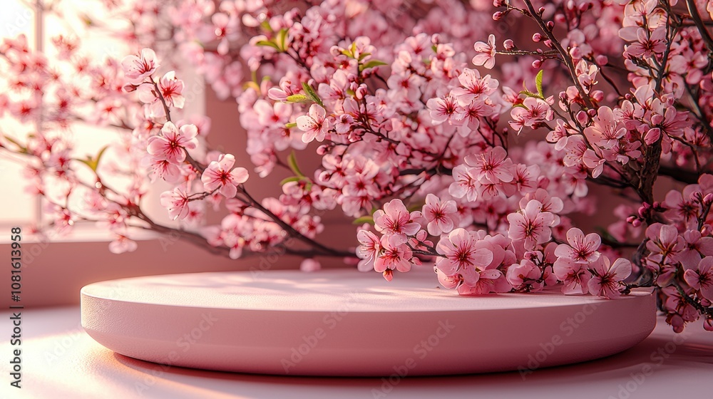 Elegant Pink Cherry Blossom Arrangement on a Round Minimalist Platform with Soft Morning Light in a Cozy Indoor Space Elegant Pink Cherry Blossom Arrangement on a Round Minimalist Platform with Soft Morning Light in a Cozy Indoor Space