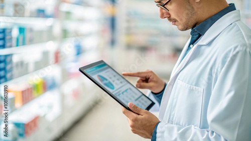 healthcare professional in lab coat uses tablet to analyze data in pharmacy. background features shelves filled with various medical products, creating professional atmosphere