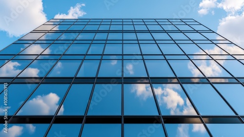 Modern glass building reflecting clouds in a clear blue sky.