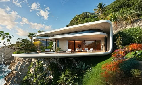 Wallpaper Mural Futuristic Mediterranean mansion on a steep coastal slope, with a high-tech facade and integrated smart systems, offering a breathtaking view of a lush coastal cliff with crashing waves Torontodigital.ca