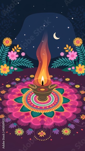 Indian Rangoli Art with Decorative Diyas at Night