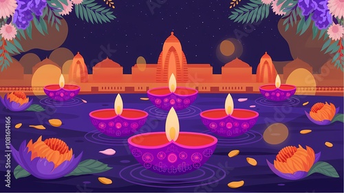 Diwali Floating Diyas and Floral Design on Water