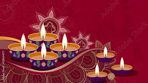 Traditional Diwali Diyas with Floral Rangoli on Red Background