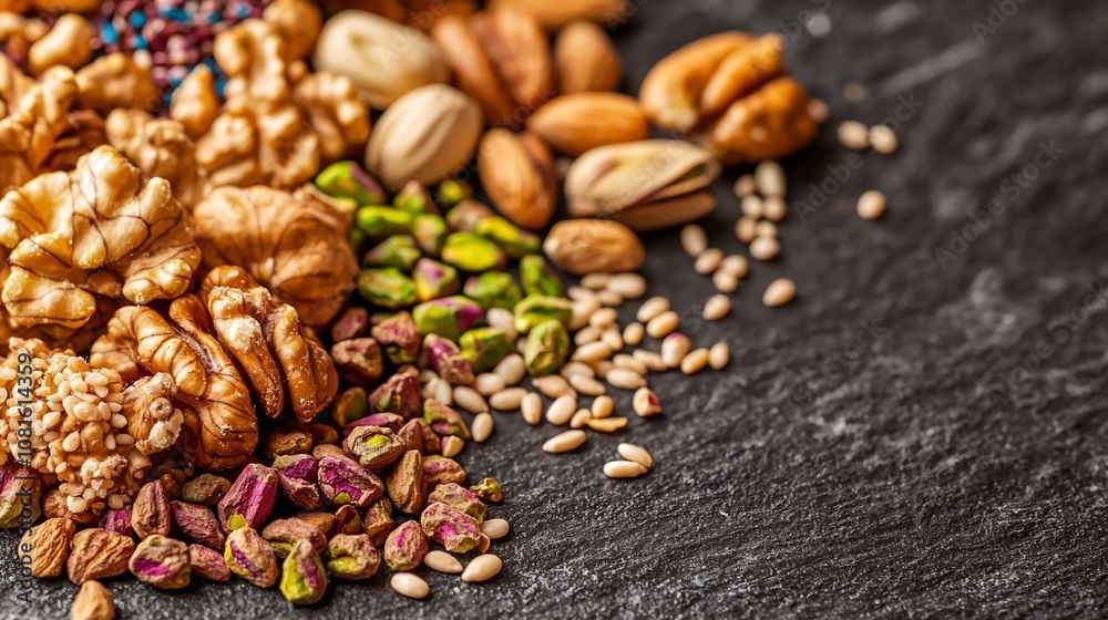 Fototapeta premium Walnut Seed and Nut, Assorted Nuts and Seeds on Dark Slate Background with Copy Space