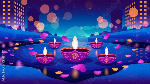 Colorful Diwali Diyas Floating in Cityscape at Night