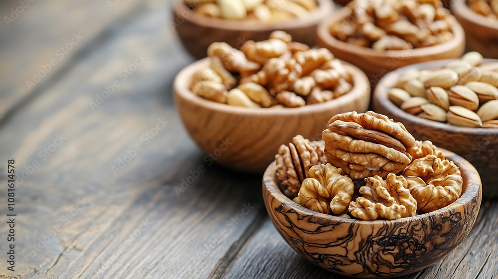 Walnut Seed and Nut, Assorted Nuts and Seeds in Rustic Wooden Bowls with Walnuts as Focal Point Walnut Seed and Nut, Assorted Nuts and Seeds in Rustic Wooden Bowls with Walnuts as Focal Point