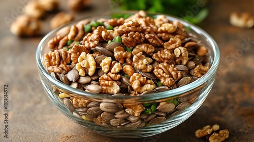 Walnut Seed and Nut, Assorted Seeds and Walnut Pieces in a Glass Bowl,Highlighting Freshness and Nutrition