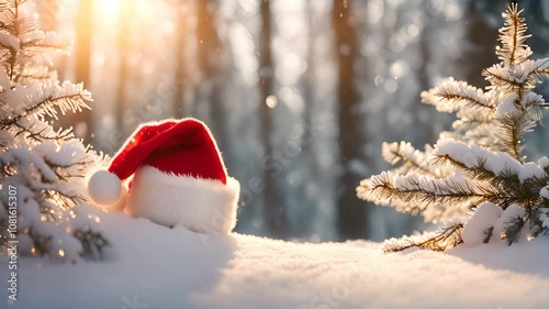 A red Santa hat nestled in fresh snow among snow-covered pine branches, with warm sunlight streaming through a winter forest background, capturing the serene and festive spirit of the holiday season.