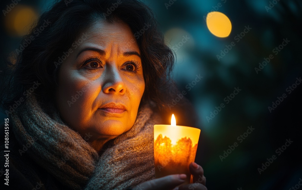 Thoughtful Reflection Plus-Size Woman Holding Candle at Evening Vigil Thoughtful Reflection Plus-Size Woman Holding Candle at Evening Vigil