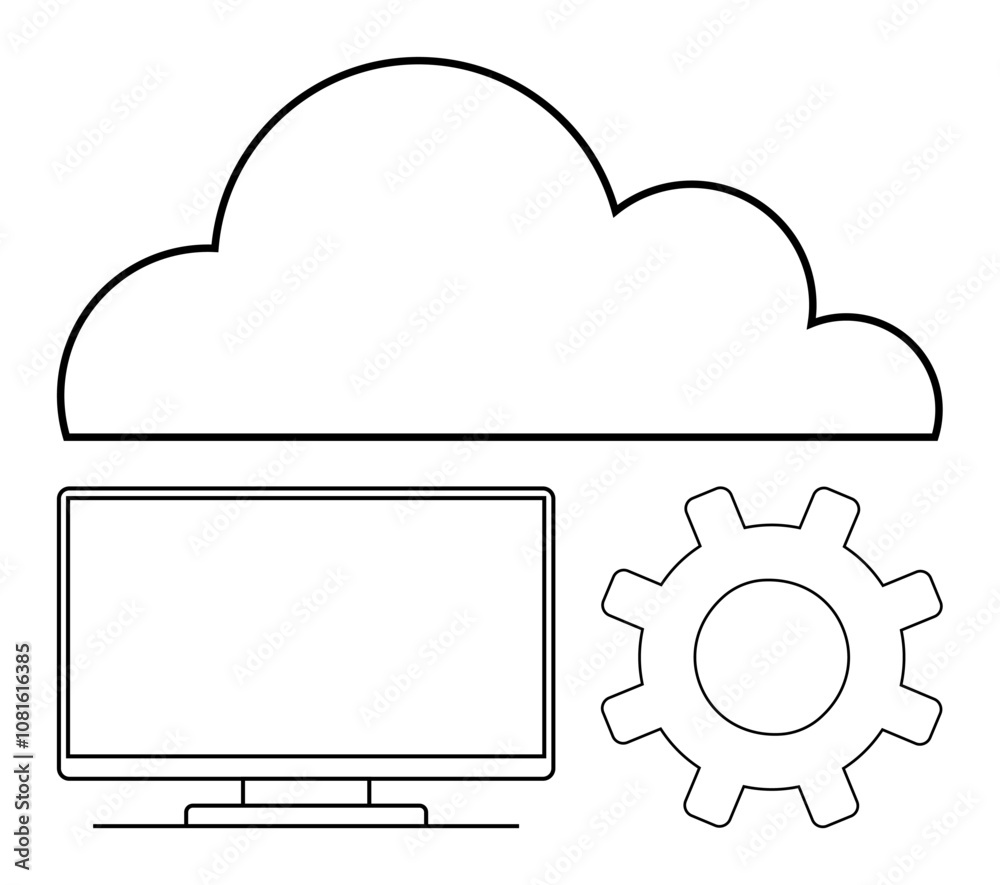 Large cloud above a computer monitor and gear. Ideal for cloud computing, technology, data storage, IT solutions, system integration, network management, digital transformation. Line metaphor Large cloud above a computer monitor and gear. Ideal for cloud computing, technology, data storage, IT solutions, system integration, network management, digital transformation. Line metaphor