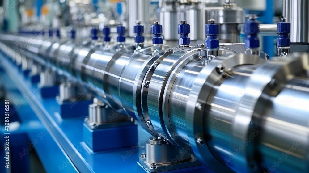 A Close-up View of a Shiny Metal Pipe System with Clamps and Blue Connectors A Close-up View of a Shiny Metal Pipe System with Clamps and Blue Connectors