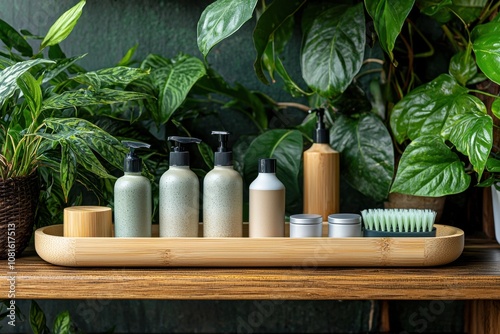 A wooden tray with a variety of toiletries and a potted plant