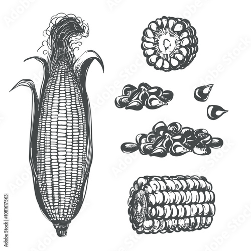 Corn vector set. Line sketch of whole maize cob with leaves, pieces and kernels lying on table. Old drawing in retro engraving style. Hand drawn realistic ink sketch. Popcorn line drawing.