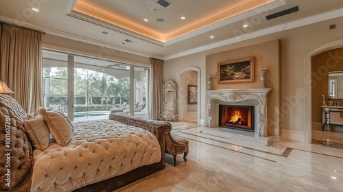 Luxurious master suite with built-in fireplace, plush velvet headboard, and marble floors 