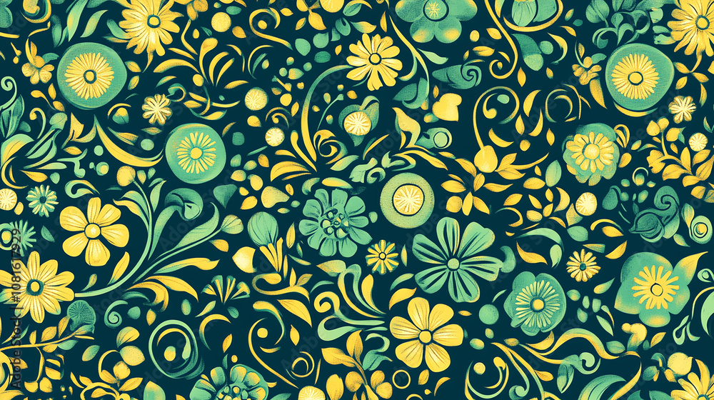 Seamless pattern with yellow and green stylized flowers and leaves on a dark blue background. Seamless pattern with yellow and green stylized flowers and leaves on a dark blue background.