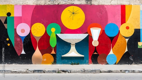 A colorful mural of various vases and a clock