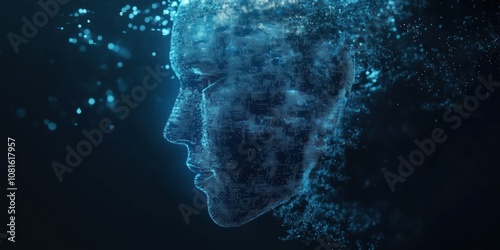 A digital human face made of blue particles fades into a dark blue background.