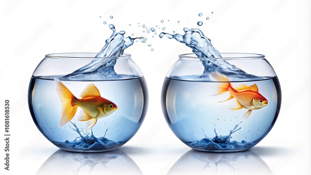 Two Vibrant Goldfish Swimming in Crystal Clear Bowls with Splashing Water Creating an Aquatic Serenity Environment for Nature and Pet Lovers Two Vibrant Goldfish Swimming in Crystal Clear Bowls with Splashing Water Creating an Aquatic Serenity Environment for Nature and Pet Lovers