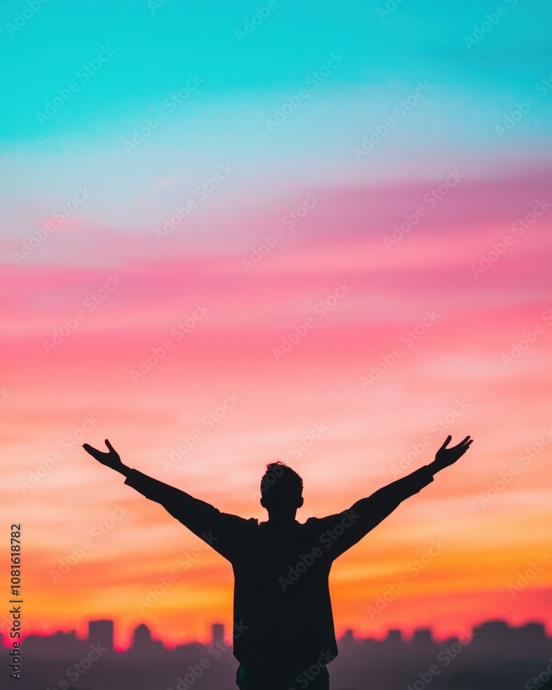 A silhouetted figure stands with arms outstretched against a vibrant, colorful sunrise, symbolizing freedom and joy in a serene landscape. A silhouetted figure stands with arms outstretched against a vibrant, colorful sunrise, symbolizing freedom and joy in a serene landscape.
