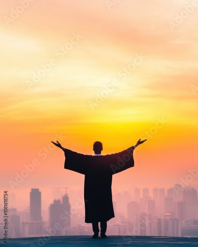 A silhouette of a person in a flowing garment stands against a vibrant sunset, arms outstretched, embracing the dramatic skyline and serene colors of dawn.