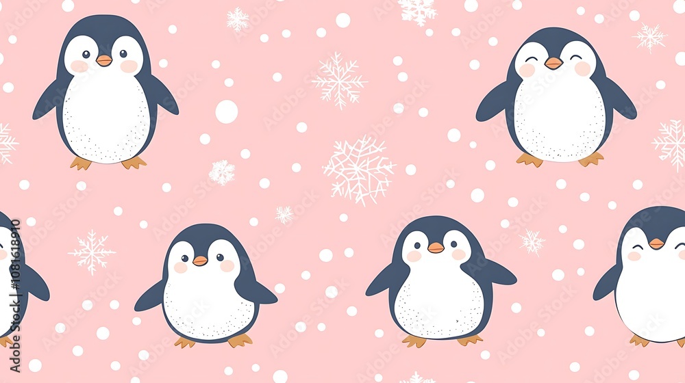 Fototapeta premium Cute Minimal Penguin Pattern in Pastel Pink