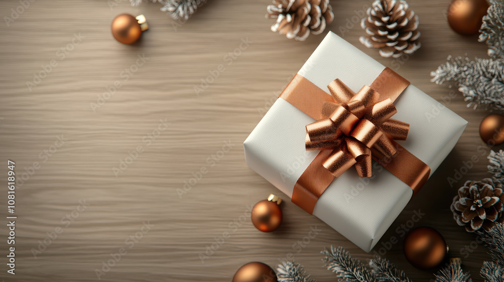 Obraz premium beautifully wrapped Christmas gift box with shiny ribbon sits among pine cones and ornaments, creating festive atmosphere