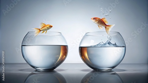 Two Goldfish in Clear Bowls, One Leaping Outward with Bubbles, Symbolizing Adventure and Freedom in a Serene Underwater Environment