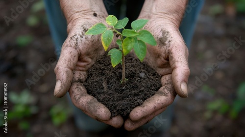 Two hands hold a small young tree with some soil, Earth Day concept