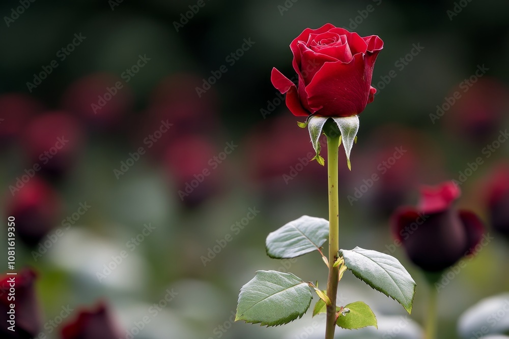 Obraz premium Red rose with a long stem and green leaves, standing alone against a soft-focus background