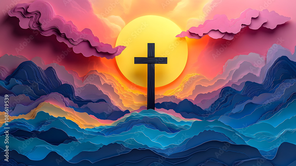 Paper cutout of a cross on top of hills with pastel colors and a soft sunset background, symbolizing peace and spirituality.
Paper cutout of a cross on top of hills with pastel colors and a soft sunset background, symbolizing peace and spirituality.