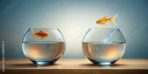 Two Glass Fish Bowls with Goldfish, One Fish Jumping Out and Splashing Water, Capturing Playful Aquatic Element and Serenity in a Minimalist Setting