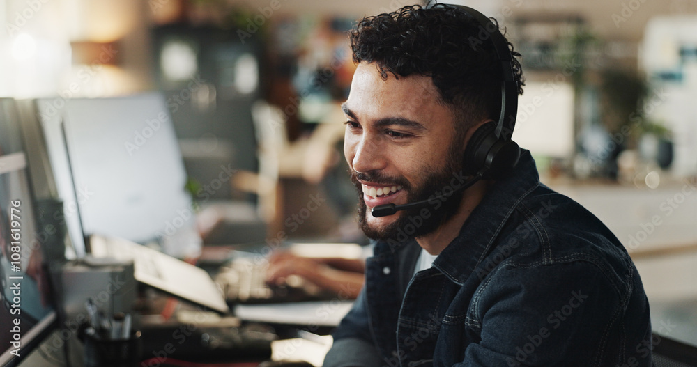 Headset, technical support and man in office with smile, online help and website advice at crm agency. Virtual assistant, customer service and IT consultant on call with contact, sales offer or pitch