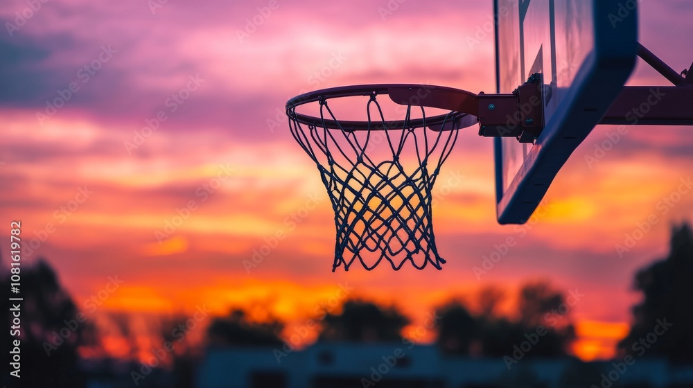 A basketball court's hoop with a focus on the sunset in the background, urban setting with colorful skyline, Vibrant style A basketball court's hoop with a focus on the sunset in the background, urban setting with colorful skyline, Vibrant style