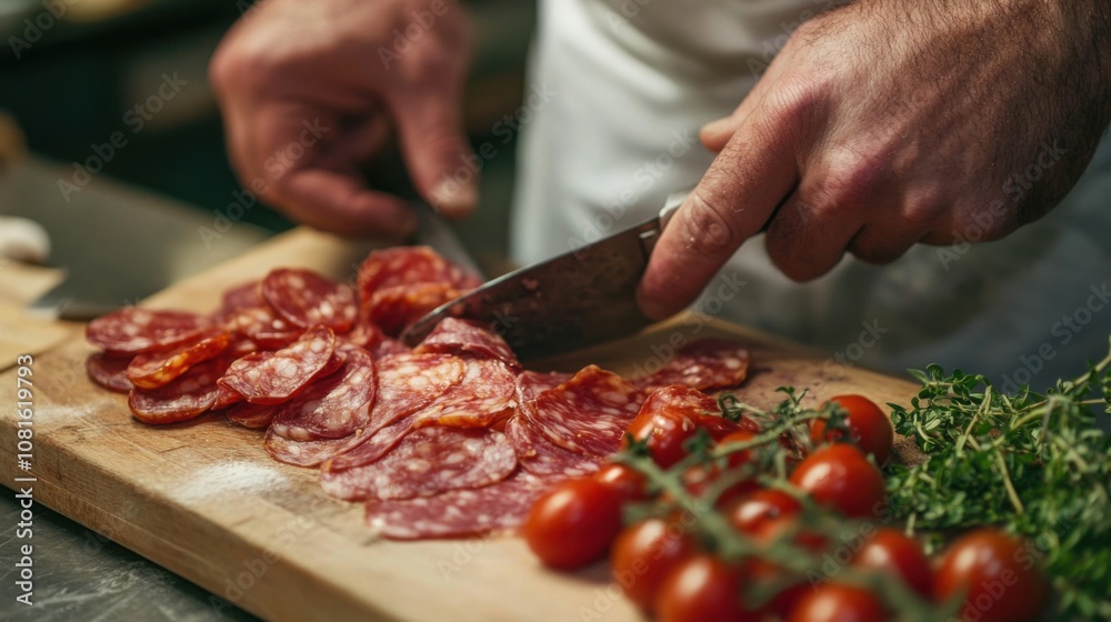 A chef slices cured meats with fresh tomatoes and herbs on a wooden board in a lively kitchen A chef slices cured meats with fresh tomatoes and herbs on a wooden board in a lively kitchen