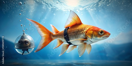 Imaginative Underwater Scene Featuring a Goldfish with a Bubble Helmet Swimming Alongside its Aquatic Companion in Crystal Clear Waters photo