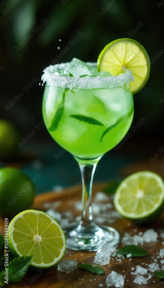 Chilled Margarita With Lime Slice And Salt Rim On Wooden Table Chilled Margarita With Lime Slice And Salt Rim On Wooden Table