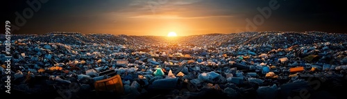 A vast landfill, mounds of discarded plastic and debris glistening under the soft light of a setting sun, highlighting environmental challenges photo