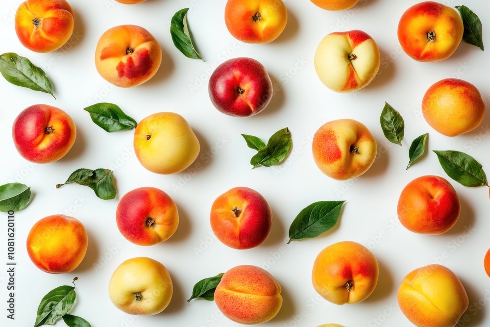 A flat lay of fresh peaches and leaves on a white background.