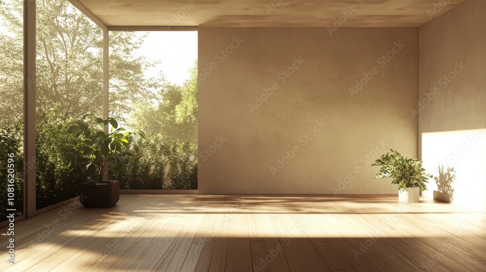 Fototapeta premium Minimalist contemporary room with wooden floor and plants