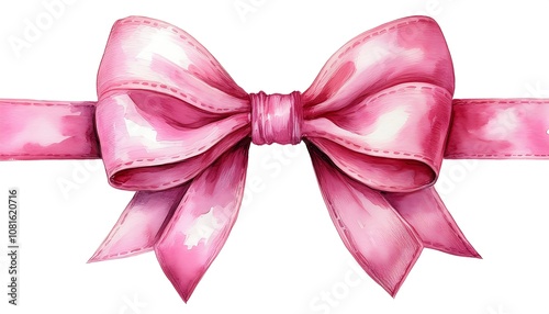 Delicate pink watercolor bow with flowing ribbons artistically tied for elegant decoration or gift wrapping. Generative AI